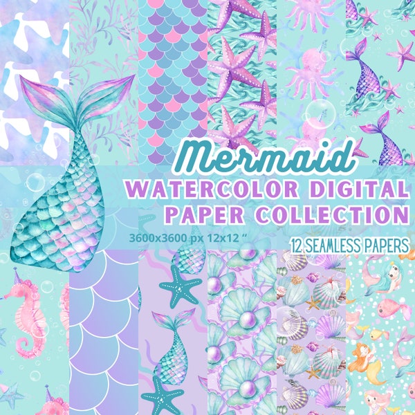Mermaid Digital Paper Watercolor Collection Blue Turquoise Kit Scrapbooking Seamless Fish Water Sea Journal Printable 12x12 3600px Party