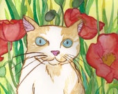 Between the Poppies- Cat Postcard - little Cat - Summer - Pet Illustration - by Niina Niskanen