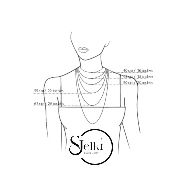 May include: A line drawing of a woman's torso showing different necklace lengths in inches and centimeters. The lengths are 16 inches (40 cm), 18 inches (45 cm), 20 inches (50 cm), 22 inches (55 cm), and 26 inches (65 cm). The drawing includes the text "Jelki Jewellery".