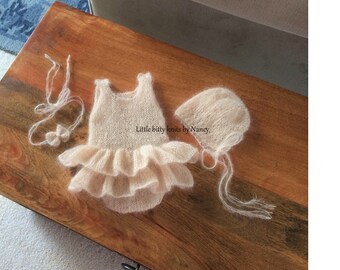 Newborn Romper set, Newborn Photo Prop, Ruffle Botom Tutu, Delicate Knit Bonnet, Mohair Romper, Bow Tieback Headband