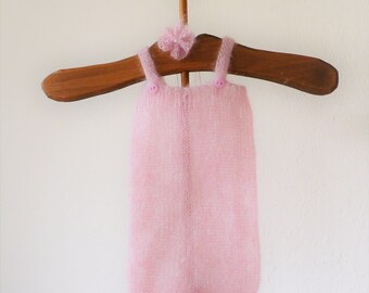 Newborn Photo Prop, Pink Romper, Knitted Mohair Outfit -  Ready to Ship