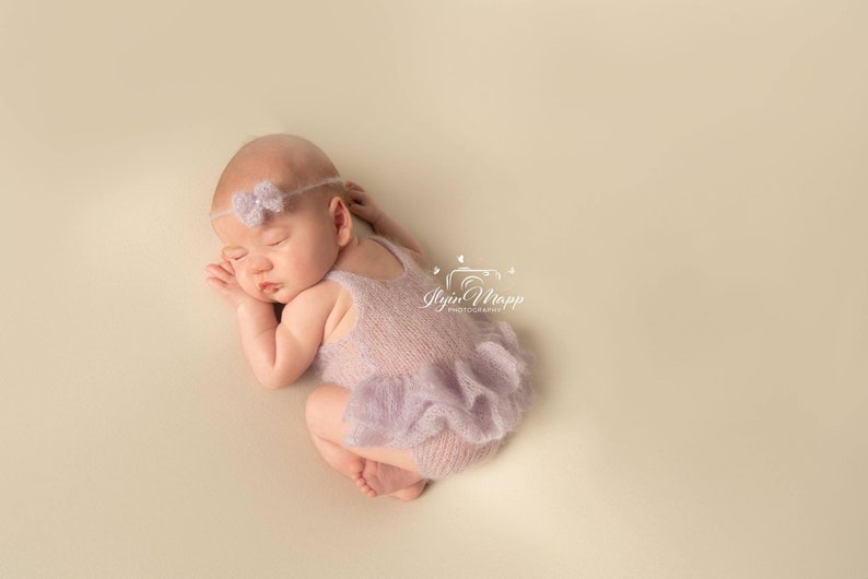 Mohair Romper with Ruffle Bottom, Newborn Photo Prop, Ready to Ship Rose and Ocean image 2