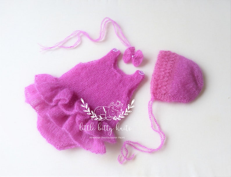 Mohair Romper with Ruffle Bottom, Newborn Photo Prop, Ready to Ship Rose and Ocean image 3