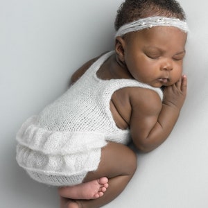 Mohair Romper with Ruffle Bottom, Newborn Photo Prop, Ready to Ship Rose and Ocean image 5