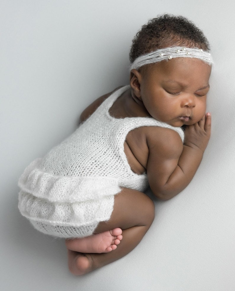 Mohair Romper with Ruffle Bottom, Newborn Photo Prop, Ready to Ship Rose and Ocean image 5