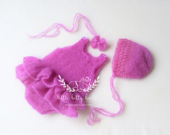 Newborn Photo Prop, Knit Romper, Bonnet and Tieback Headband, Rose  Pink RTS