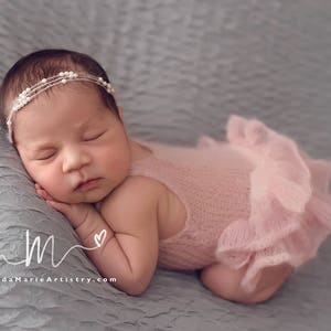 Mohair Romper with Ruffle Bottom, Newborn Photo Prop, Ready to Ship Rose and Ocean image 7