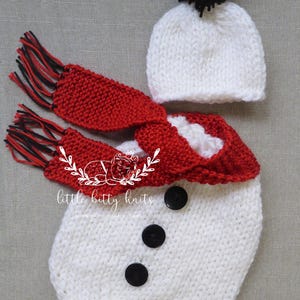 Newborn Photo Prop, Snowman Hat, Swaddle Sack and Knitted Red Scarf,