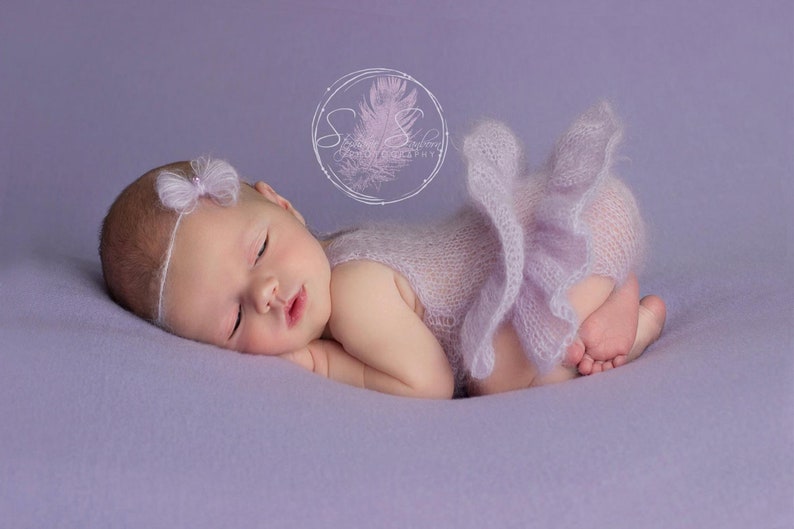 Mohair Romper with Ruffle Bottom, Newborn Photo Prop, Ready to Ship Rose and Ocean image 8