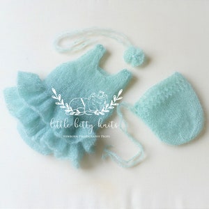 Mohair Romper with Ruffle Bottom, Newborn Photo Prop, Ready to Ship Rose and Ocean image 1