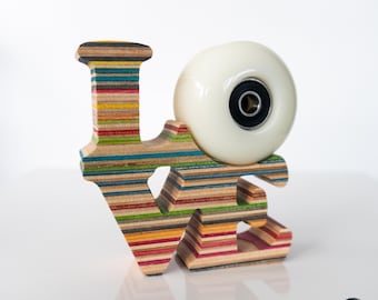 LOVE Skateboard Display LINED STYLE Art Piece made from used skateboards / lined rainbow colorway