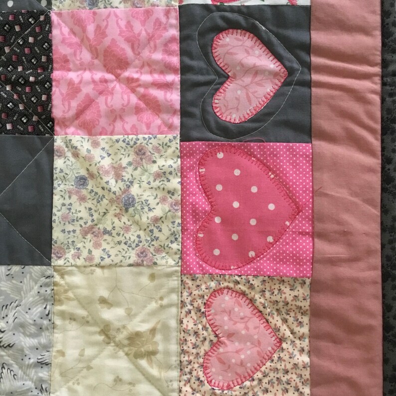 Flowers and Hearts Appliqued Patchwork CribThrow Quilt Farmhouse Shabby Chic Cottage or Country Modern Pink, Gray and Black So Pretty