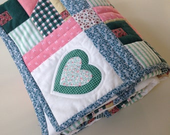 Flowers and Hearts Appliqued Patchwork CribThrow Quilt Farmhouse Shabby Chic Cottage or Country Modern Pink, Gray and Black So Pretty