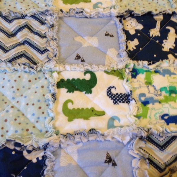 Rag Quilt Baby/Child =Quilt for crib or bed sewn with Blue and Green Adorable Dinosaur,Elephant,Bear Prints and More-Ready to ship
