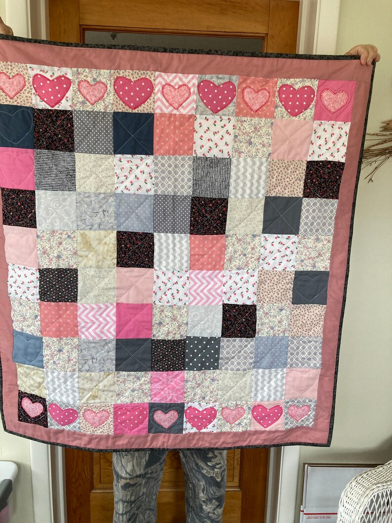 Flowers and Hearts Appliqued Patchwork CribThrow Quilt Farmhouse Shabby Chic Cottage or Country Modern Pink, Gray and Black So Pretty
