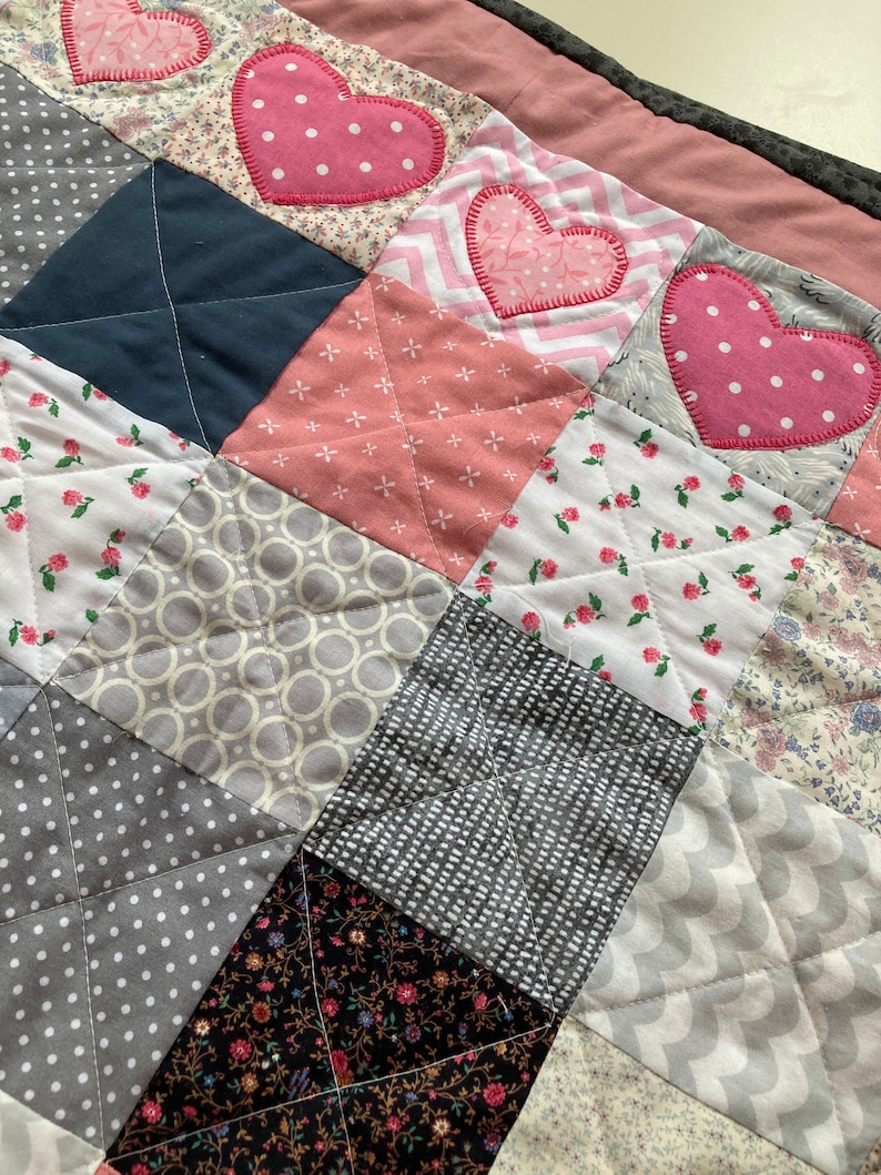Flowers and Hearts Appliqued Patchwork CribThrow Quilt Farmhouse Shabby Chic Cottage or Country Modern Pink, Gray and Black So Pretty