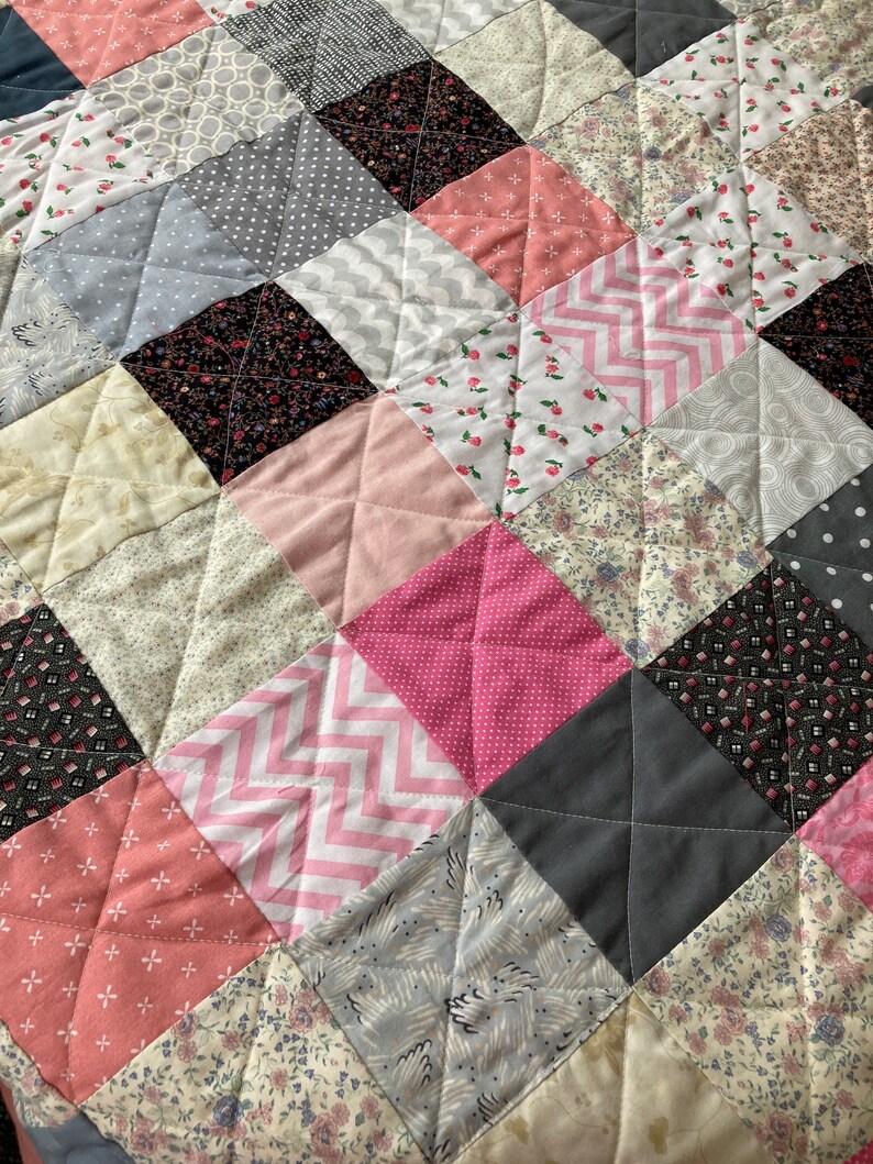 Flowers and Hearts Appliqued Patchwork CribThrow Quilt Farmhouse Shabby Chic Cottage or Country Modern Pink, Gray and Black So Pretty