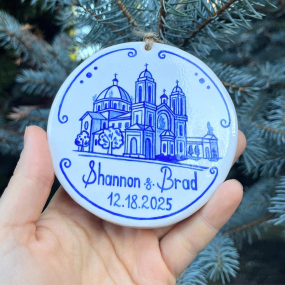 Personalized Wedding Ornament, Hand Painted Church Portrait, Custom Ceramic Keepsake, Wedding Venue Gift, Newlywed Christmas Ornament