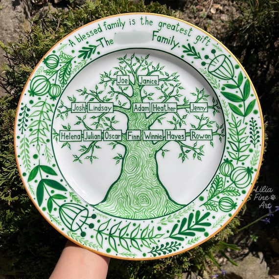 Personalized Family Tree Plate, Hand Painted Porcelain Keepsake, Mother's Day, Grandparents & Housewarming Gift