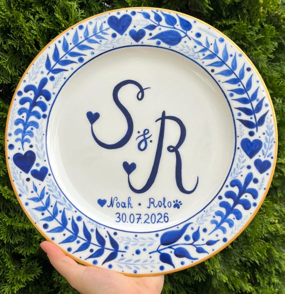 Personalized Wedding Plate, Hand Painted Ceramic Initials Gift, Custom Newlywed Keepsake, Wedding Anniversary Gift, Engagement Gift
