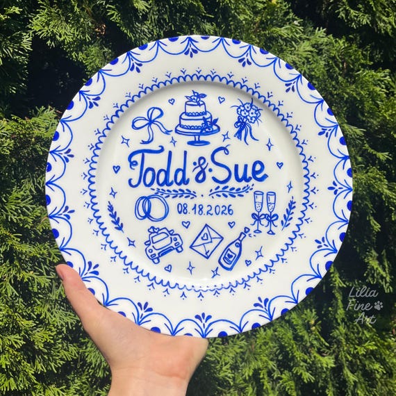 Hand Drawn Wedding Plate, Personalized Names & Date, Custom Porcelain Gift for Newlyweds