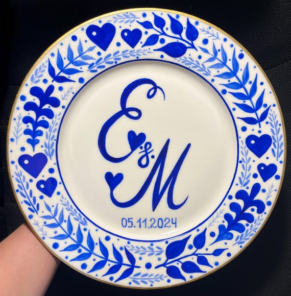 Hand Painted Porcelain Wedding Plate, Personalized Family Name Keepsake, Unique Wedding Gift