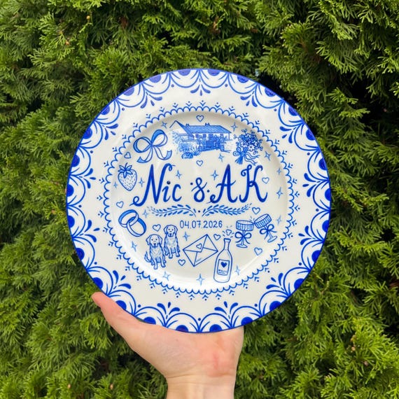 Hand Drawn Wedding Plate, Personalized Names & Date, Custom Porcelain Gift for Newlyweds
