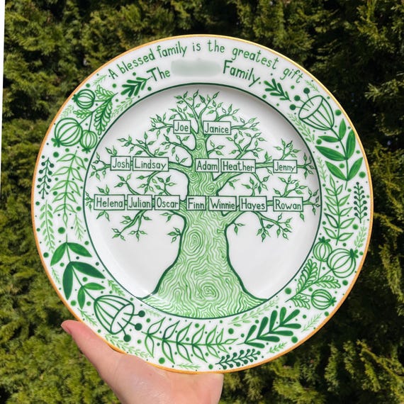 Personalized Family Tree Plate – Hand Painted Tree of Life Gift for Mom or Grandma