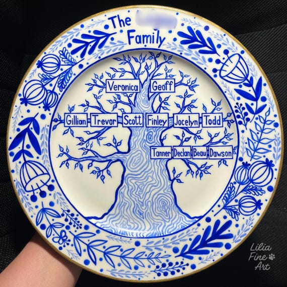 Personalized Family Tree Plate, Hand Painted Porcelain Gift, Custom Family Keepsake for Parents & Grandparents