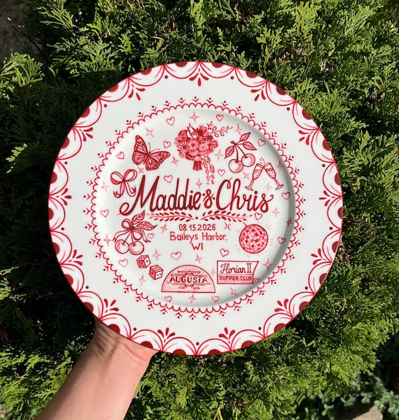 Hand Drawn Wedding Plate, Personalized Names & Date, Custom Porcelain Gift for Newlyweds