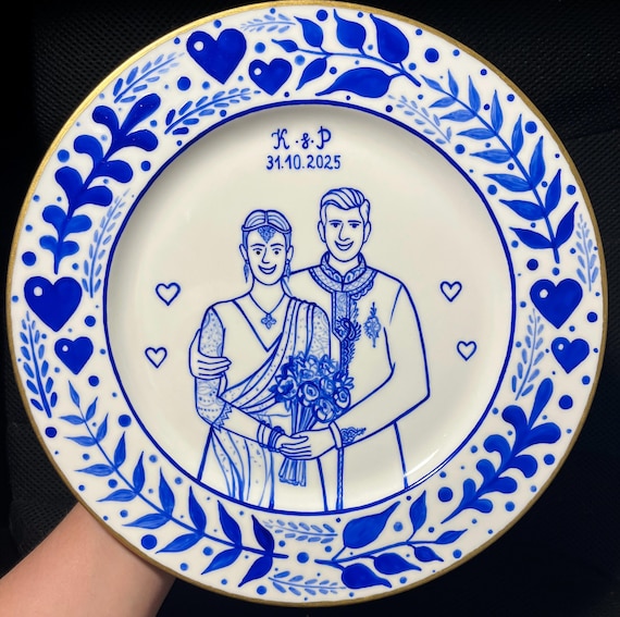 Custom Hand-Painted Ceramic Wedding Portrait Plate, Bride Groom Keepsake, Anniversary Gift