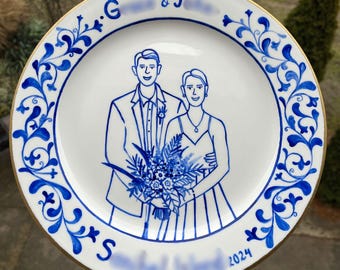 Hand-Painted Wedding Portrait Plate, Custom Ceramic Anniversary Gift