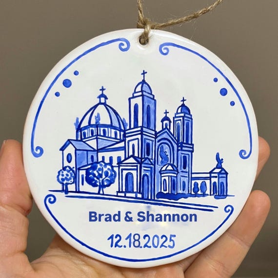 Personalized Wedding Ornament, Hand Painted Church Portrait, Custom Ceramic Keepsake, Wedding Venue Gift, Newlywed Christmas Ornament