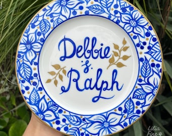 Plaque nominative de mariage personnalisée - Cadeau en porcelaine peinte à la main pour un couple
