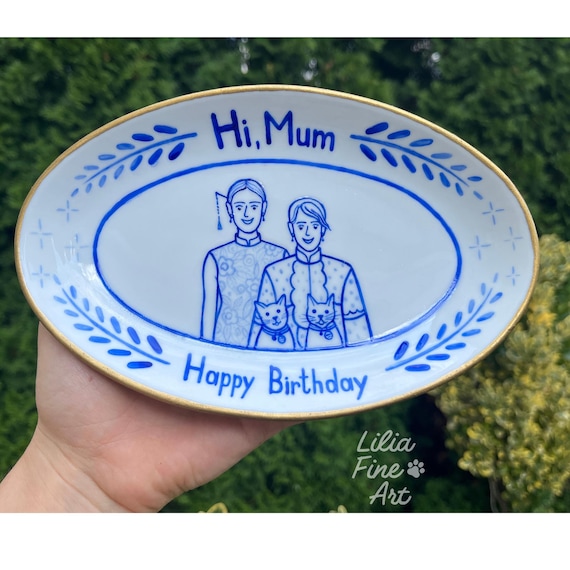 Birthday Family Portrait Plate – Personalized Hand Painted Gift – Custom Ceramic Keepsake