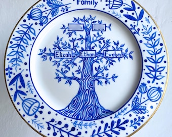 Hand-Painted Ceramic Family Tree Plate: Personalized Christmas Keepsake Gift for Parents