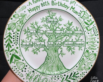 Hand Painted Family Tree Plate – Personalized Anniversary Gift for Parents & Grandparents – 50th, 60th, 80th Celebration Keepsake