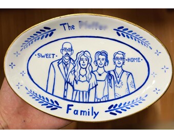 Hand-Painted Family Portrait Plate: Custom Ceramic Art Wedding Anniversary Keepsake Gift for Parents