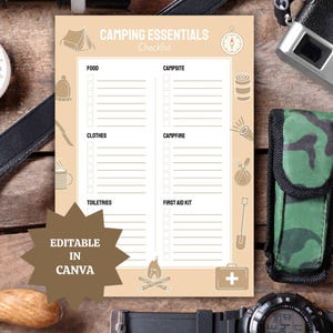 Editable Camping Checklist | Printable camping pack list | RV Camp checklist | Camp travel planner | Camping to do list
