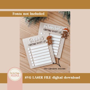 May include: Two wooden Christmas bucket list signs with gingerbread man decorations. The signs are personalised with the names "Gianna's" and "Sebastian's".