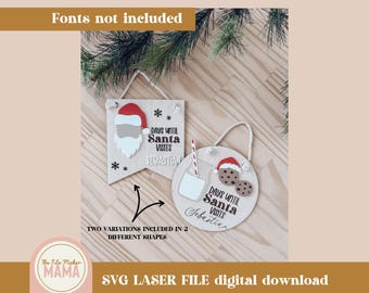 May include: Two variations of a wooden Christmas countdown sign. One is a banner shape with a Santa Claus face and the text "Days Until Santa Visits Sebastian". The other is a round shape with a glass of milk and cookies and the text "Days Until Santa Visits Sebastian".