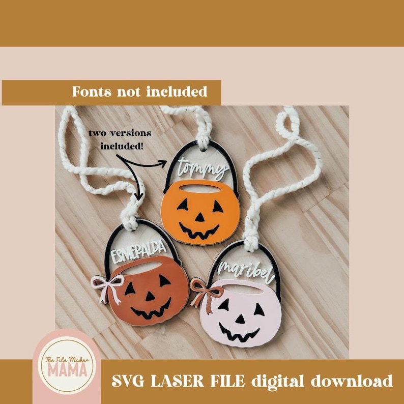 May include: Three Halloween trick-or-treat bags with personalized names: Tommy, Esmeralda, and Maribel. The bags are orange, brown, and pink with a jack-o'-lantern face and a bow. The bags are attached to white twine.