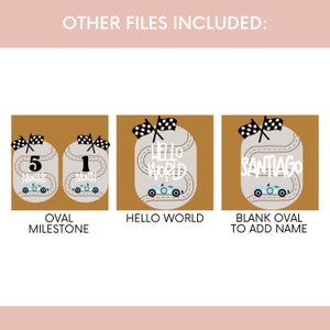 May include: Three digital printable cards featuring a blue race car driving on a gray racetrack with checkered flags. The first card has a brown background and says "5 Months" in a white oval. The second card has a brown background and says "Hello World" in a white oval. The third card has a brown background and says "Santiago" in a white oval.