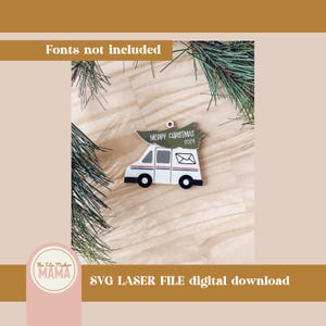 May include: White mail truck with a green Christmas tree on top. The tree has the text "Merry Christmas 2024" on it. The truck is a laser cut SVG file for digital download.