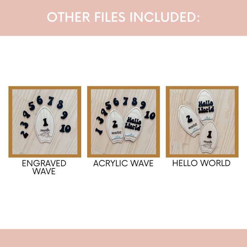 May include: Three wooden surfboard-shaped baby milestone markers with black numbers and text. The first marker has the numbers 1-10 engraved on it. The second marker has the numbers 1-10 and the text "Hello World" printed on it. The third marker has the text "Hello World" printed on it.