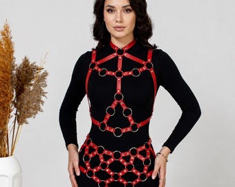 Red Vegan Leather Full Body Harness, BDSM Lingerie Outfit