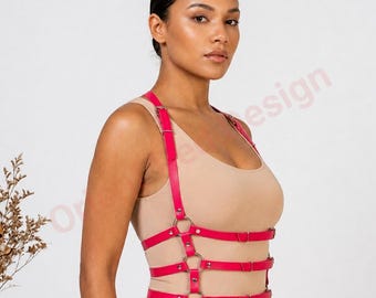 Red Vegan Leather BDSM Harness, Triple Wrap Lingerie Belt