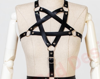 Pentagram Vegan Leather Harness: Strappy Body Belt, Handmade