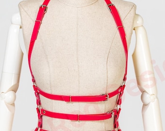 Leather Strappy Harness Top, Festival Body Harness, Red Bondage Lingerie, Adjustable Leather Harness for Women, Adjustable Strap Harness