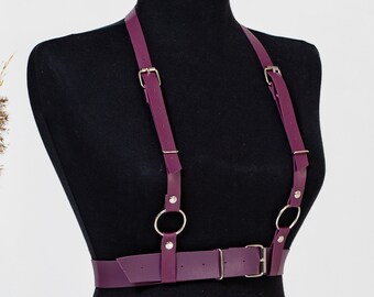 Burgundy Leather Body Harness, Adjustable Chest Harness, Minimalist Bondage Lingerie, Festival Outfit, Statement Strap Harness Belt